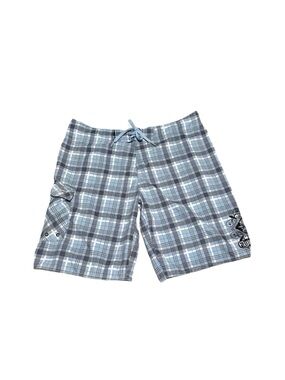 QUICKSILVER ~ Men's Blue and White Plaid Board Shorts w/Drawstring Tie size L